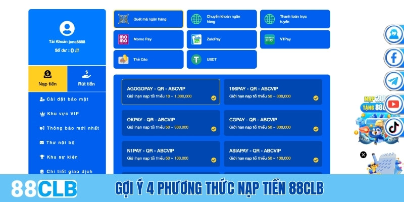 Gợi ý 4 phương thức nạp tiền 88CLB